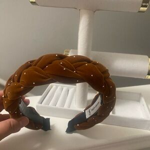 Braided Velvet Headband with Crystal Studs - Brown